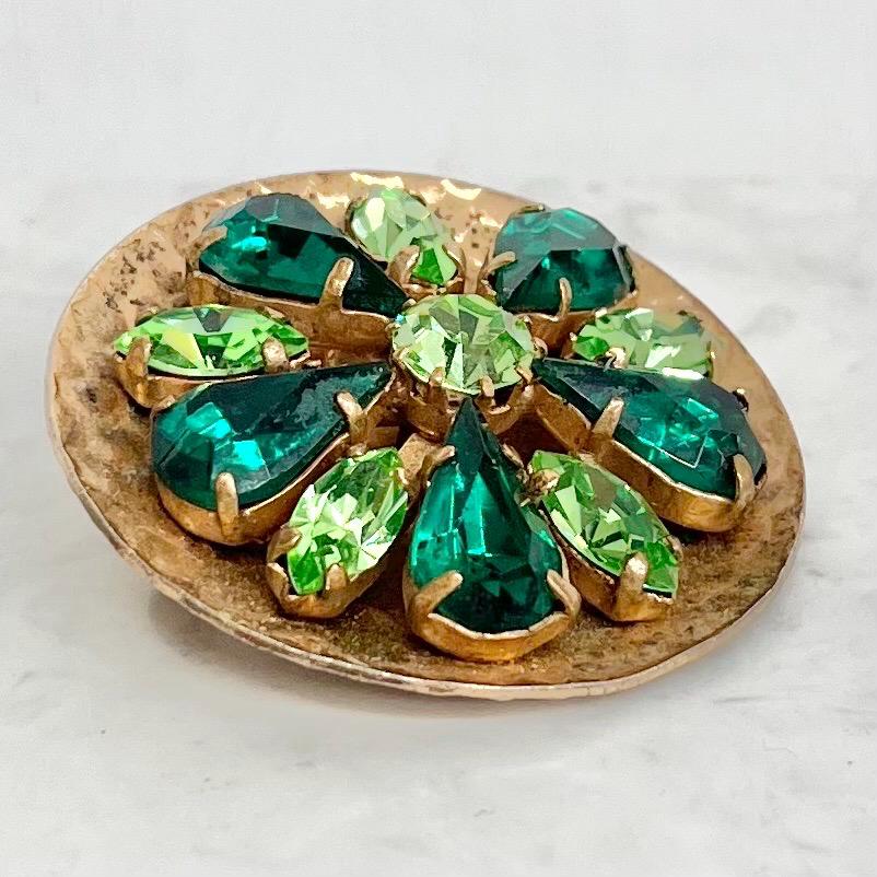 Vintage Green Uranium Crystal Round Brooch Hammered Gold Tone UV Reactive Rhinestone Jewellery MillyOliverVintage