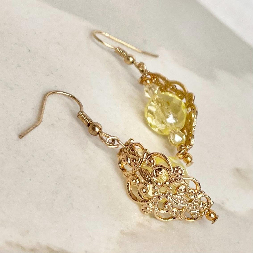 Yellow Uranium Czech Glass Bead Gold Toned Filigree Drop Earrings UV Reactive MillyOliverVintage