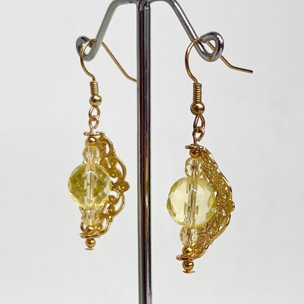 Yellow Uranium Czech Glass Bead Gold Toned Filigree Drop Earrings UV Reactive MillyOliverVintage