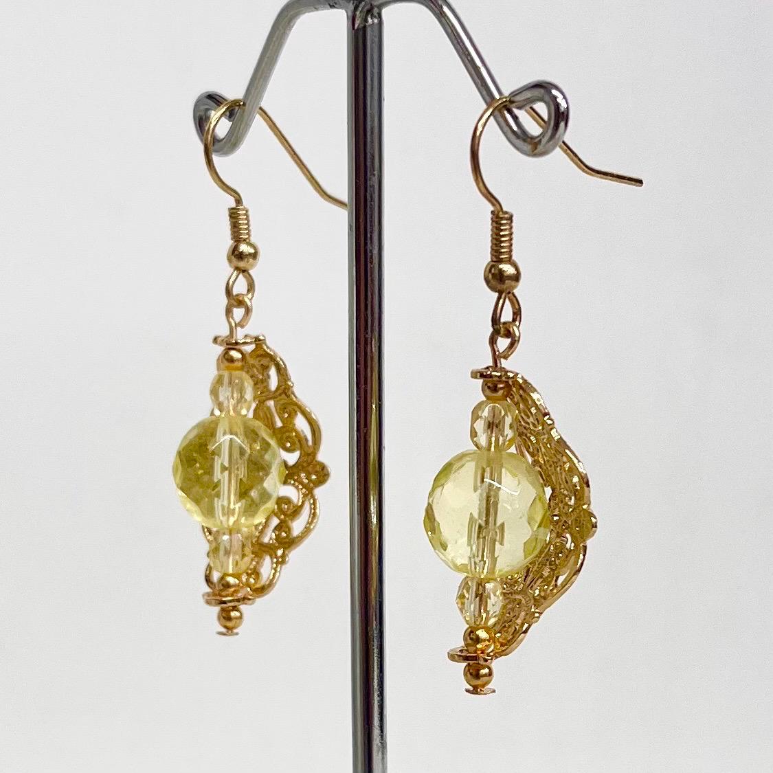 Yellow Uranium Czech Glass Bead Gold Toned Filigree Drop Earrings UV Reactive MillyOliverVintage