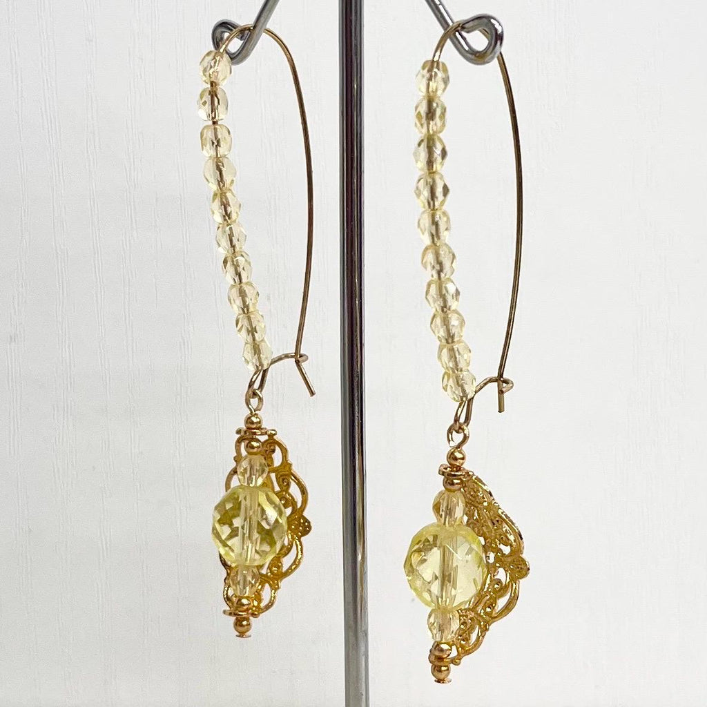 Yellow Uranium Czech Glass Bead Gold Toned Filigree Long Drop Earrings UV Reactive MillyOliverVintage