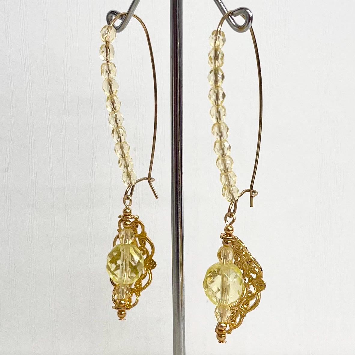 Yellow Uranium Czech Glass Bead Gold Toned Filigree Long Drop Earrings UV Reactive MillyOliverVintage