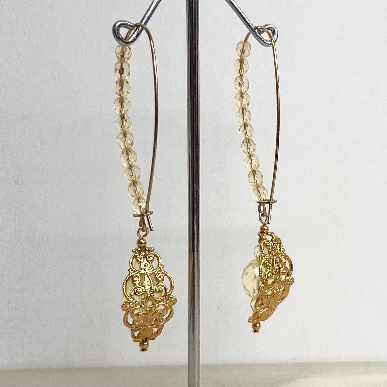 Yellow Uranium Czech Glass Bead Gold Toned Filigree Long Drop Earrings UV Reactive MillyOliverVintage