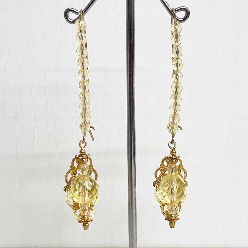 Yellow Uranium Czech Glass Bead Gold Toned Filigree Long Drop Earrings UV Reactive MillyOliverVintage