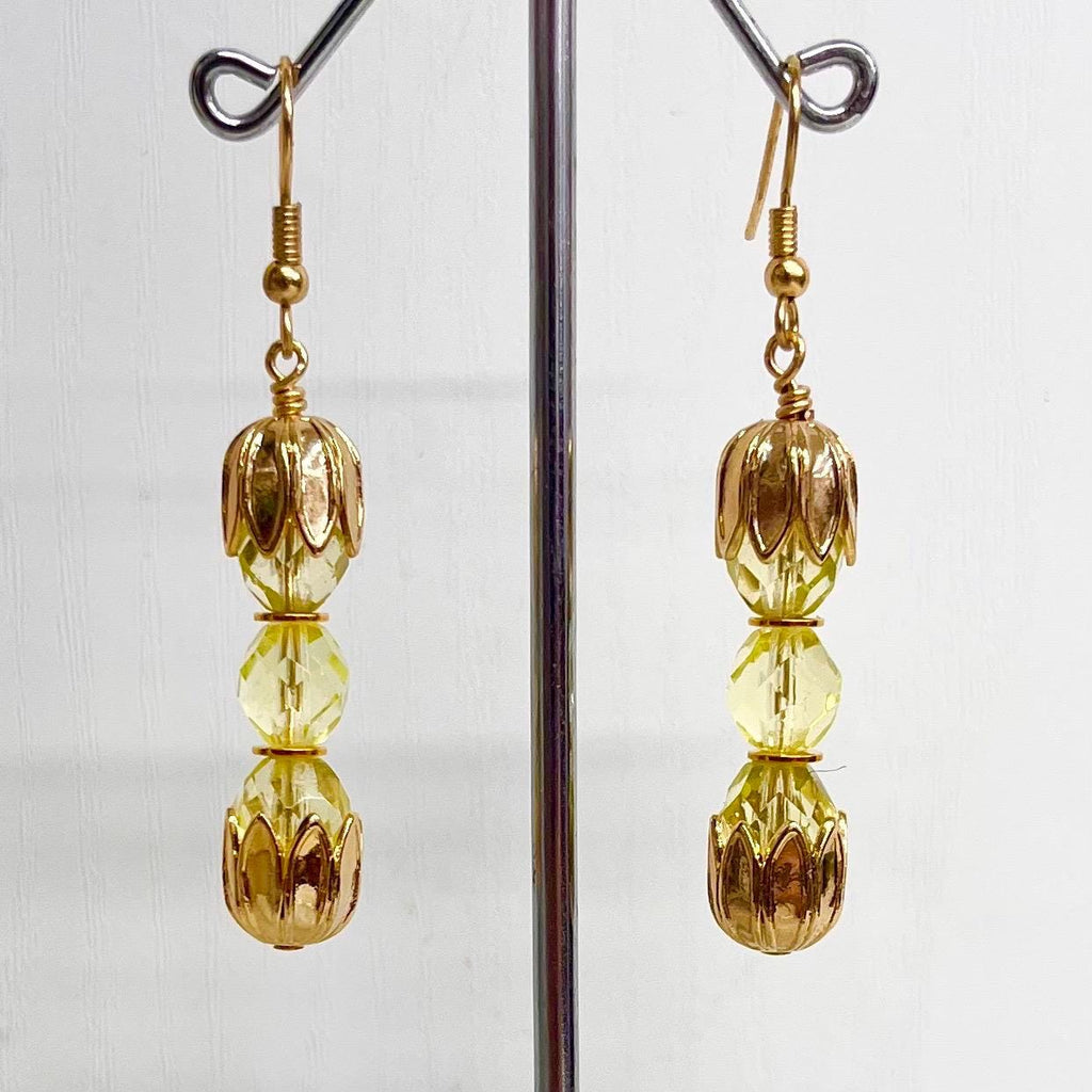 Yellow Uranium Czech Glass Bead Trio Earrings Gold Toned Drop Earrings UV Reactive MillyOliverVintage