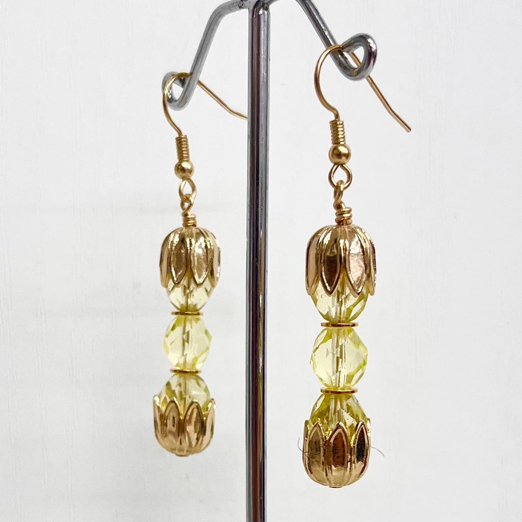 Yellow Uranium Czech Glass Bead Trio Earrings Gold Toned Drop Earrings UV Reactive MillyOliverVintage