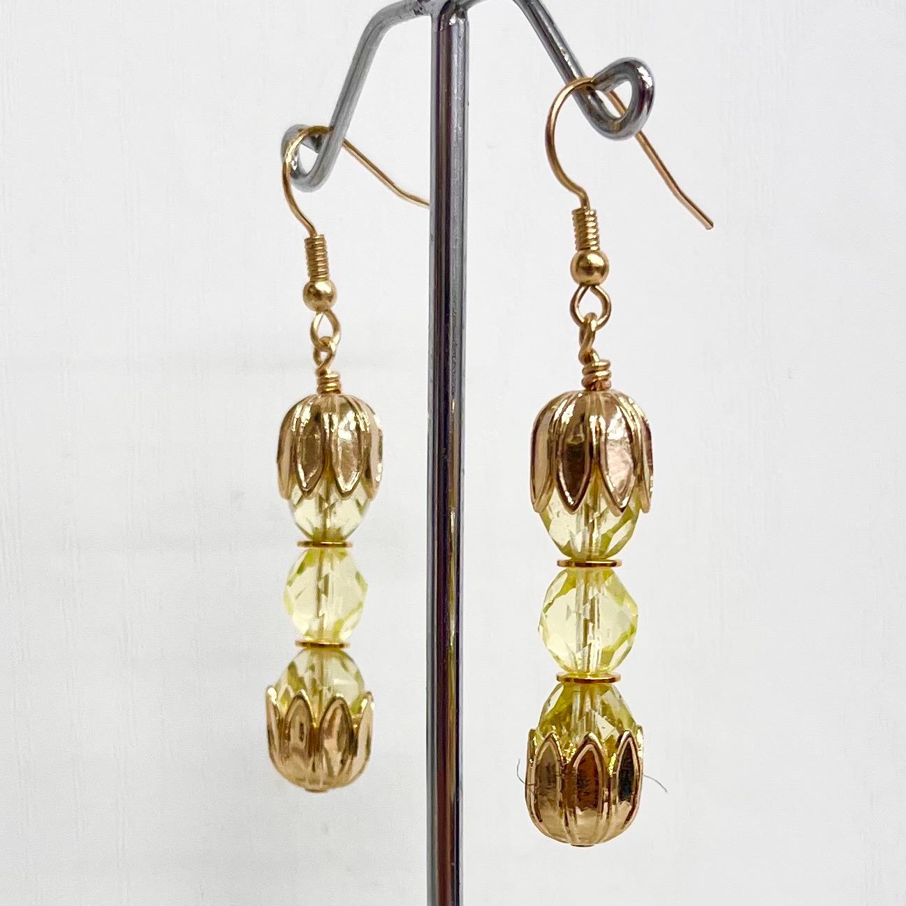 Yellow Uranium Czech Glass Bead Trio Earrings Gold Toned Drop Earrings UV Reactive MillyOliverVintage