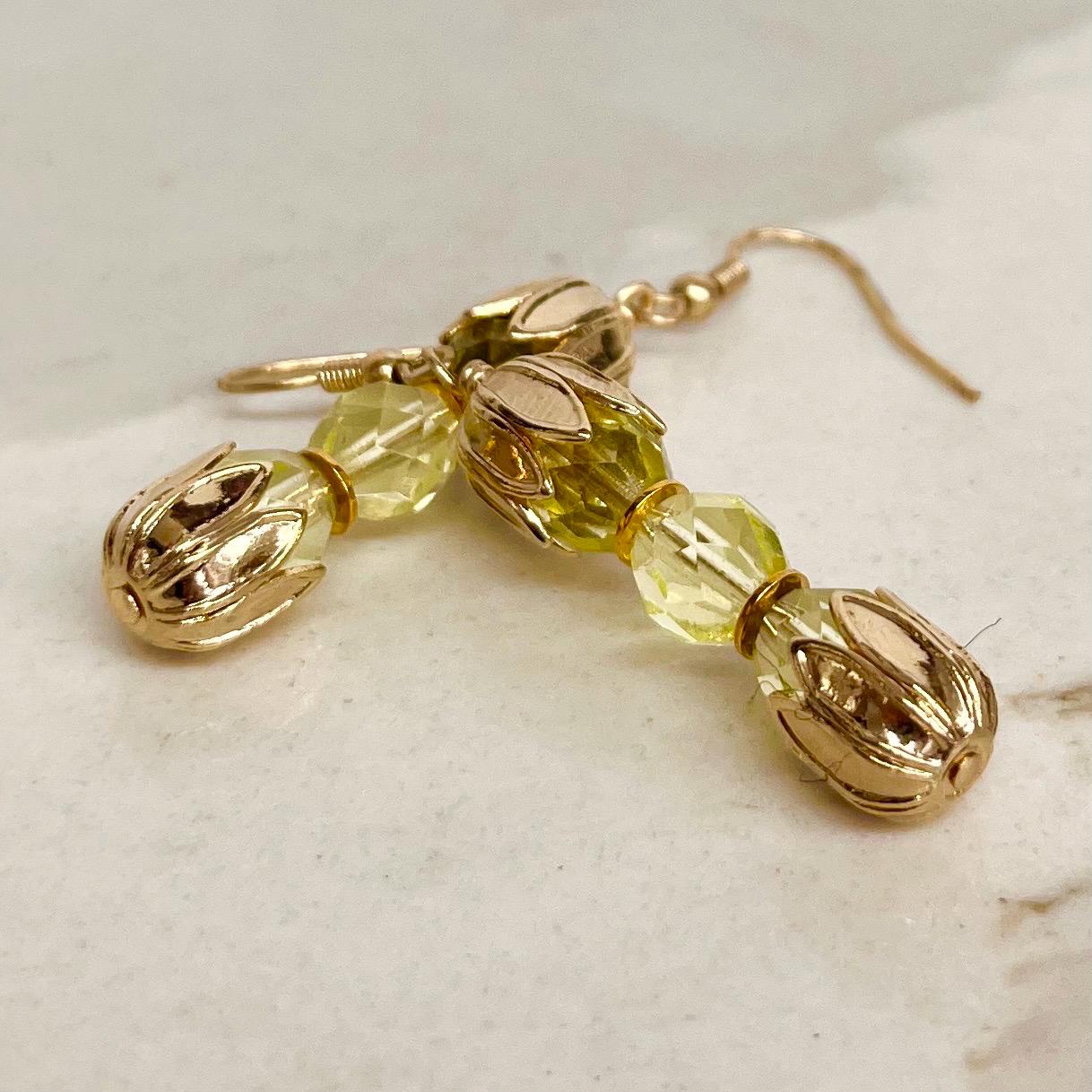 Yellow Uranium Czech Glass Bead Trio Earrings Gold Toned Drop Earrings UV Reactive MillyOliverVintage