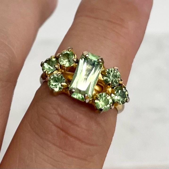 Vintage Uranium Glass Stone Emerald Cut Crystal Dress Ring Silver Tone UV Reactive Adjustable Size MillyOliverVintage