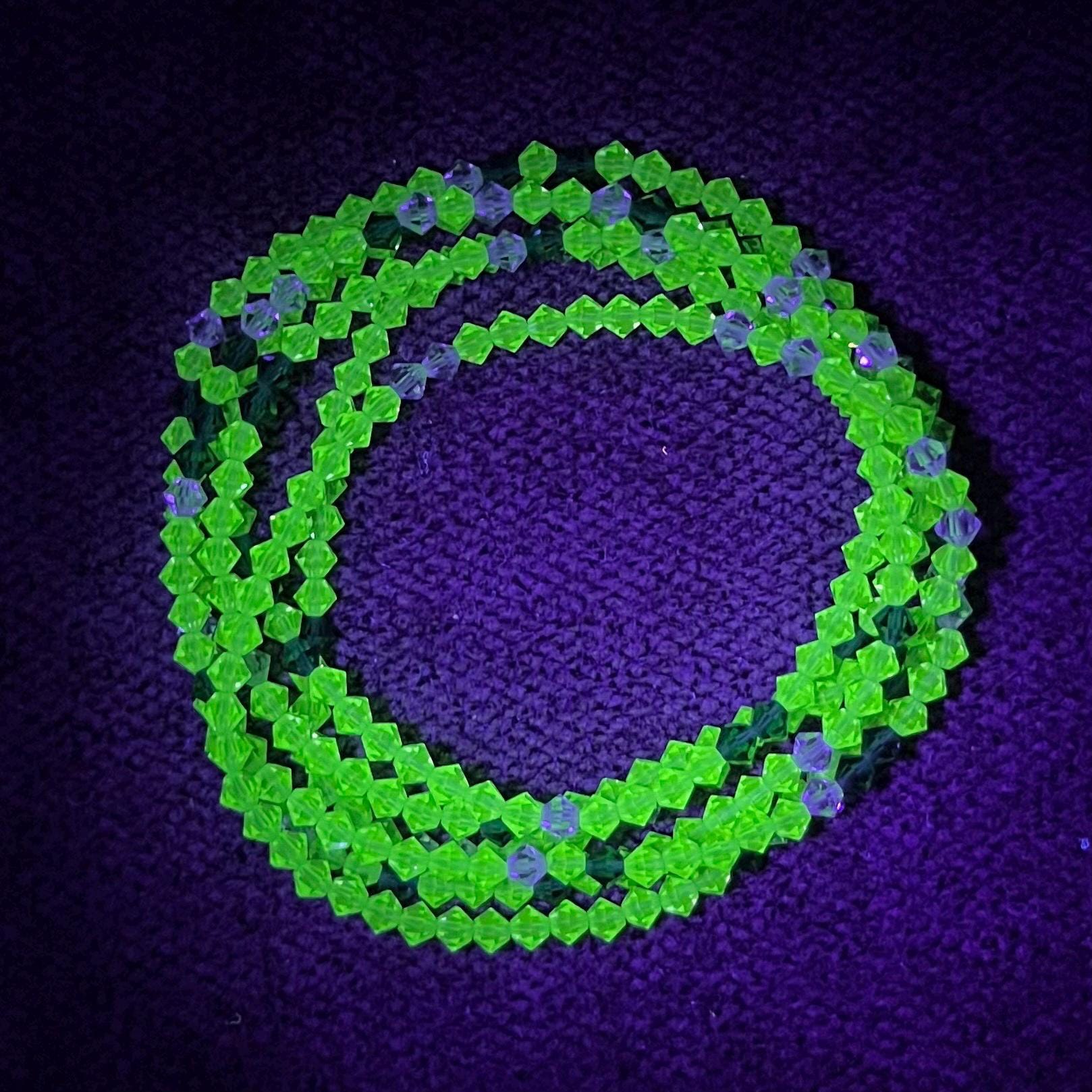 Vintage Green Uranium Glass Crystal Bicone Bead Necklace UV Reactive Glow 46” Long MillyOliverVintage