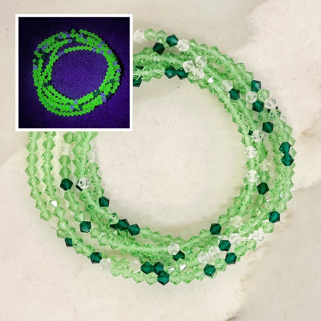 Vintage Green Uranium Glass Crystal Bicone Bead Necklace UV Reactive Glow 46” Long MillyOliverVintage