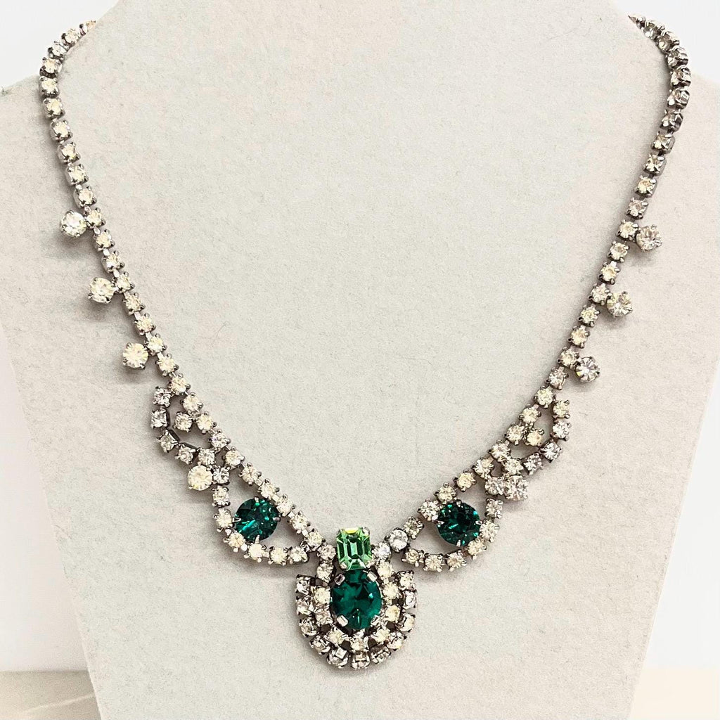 Vintage Regal Clear & Green Uranium Glass Crystal Drop Necklace Silver Tone Metal UV Reactive Glow MillyOliverVintage