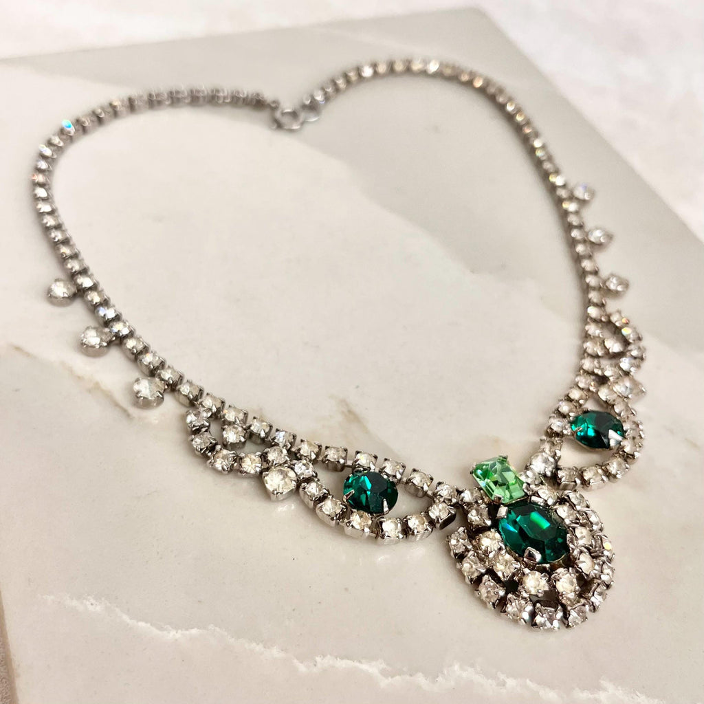 Vintage Regal Clear & Green Uranium Glass Crystal Drop Necklace Silver Tone Metal UV Reactive Glow MillyOliverVintage