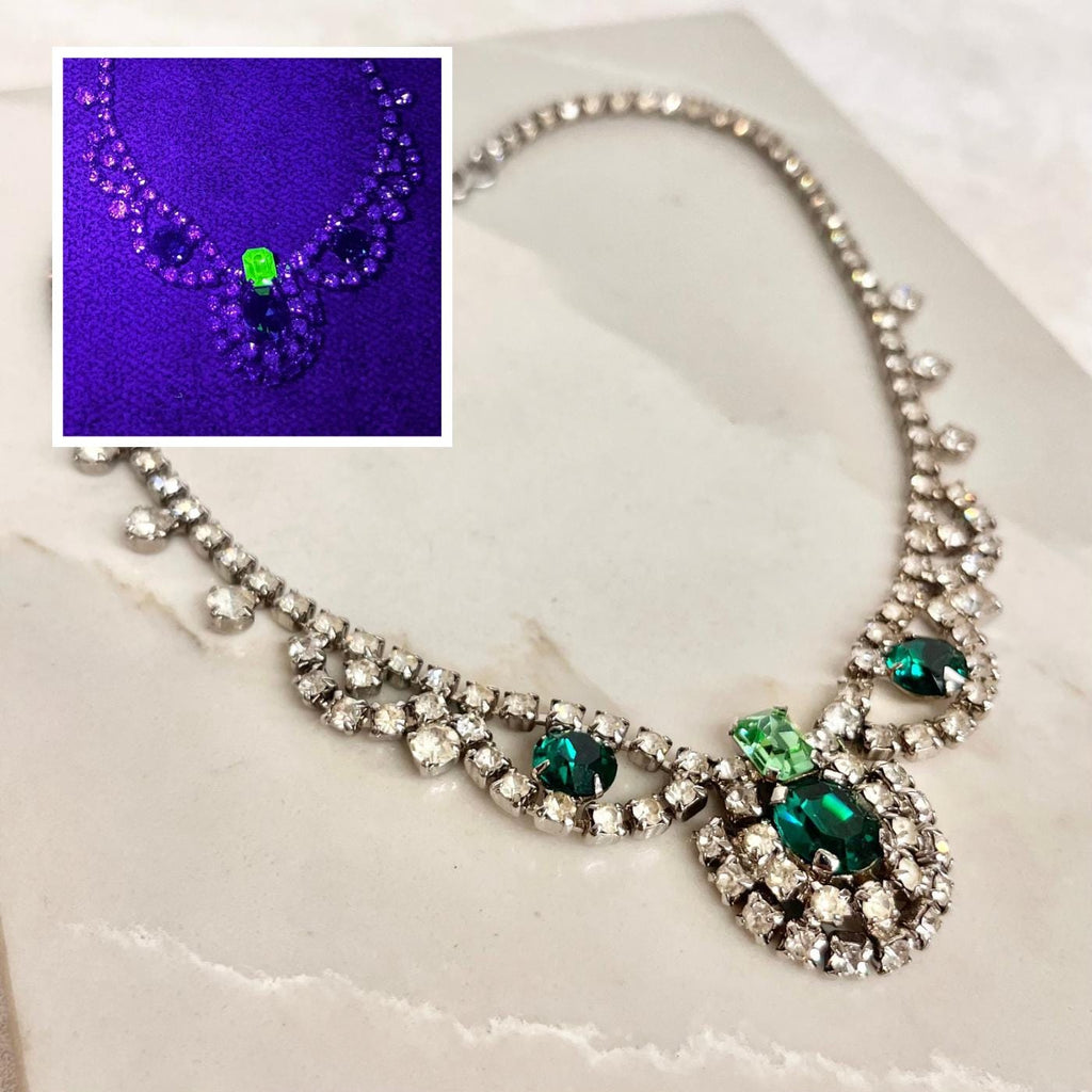 Vintage Regal Clear & Green Uranium Glass Crystal Drop Necklace Silver Tone Metal UV Reactive Glow MillyOliverVintage
