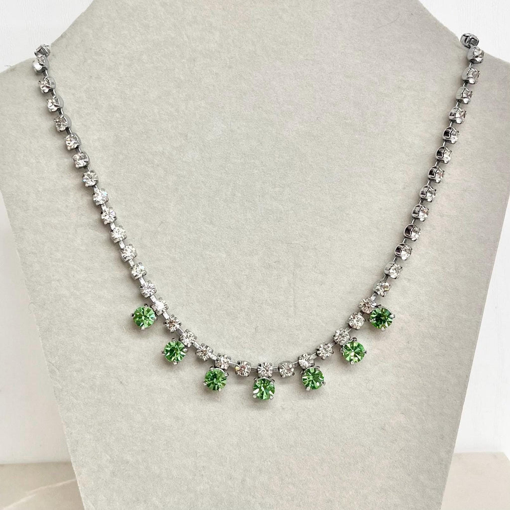 Vintage Clear & Green Uranium Glass Crystal Droplet Necklace Silver Tone Metal UV Reactive Glow MillyOliverVintage