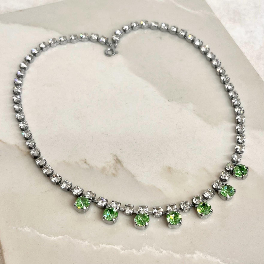 Vintage Clear & Green Uranium Glass Crystal Droplet Necklace Silver Tone Metal UV Reactive Glow MillyOliverVintage