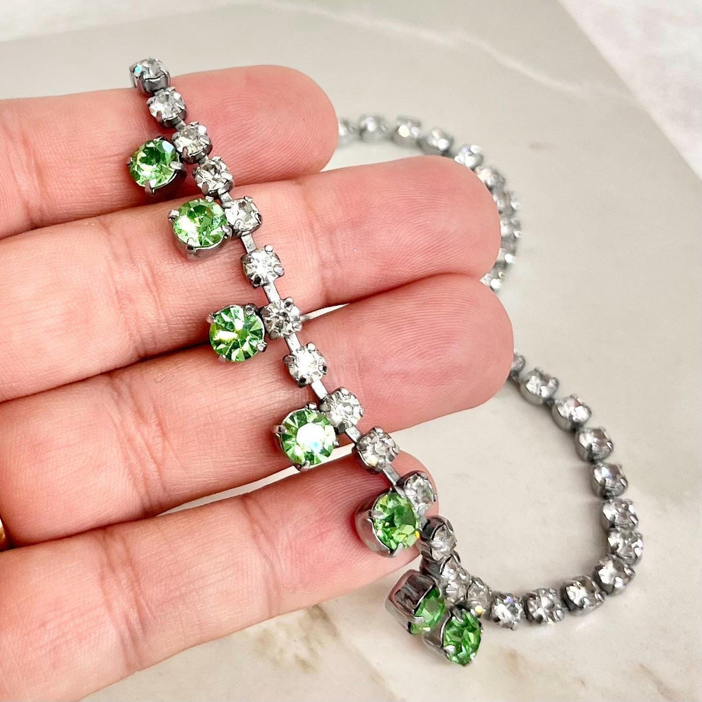 Vintage Clear & Green Uranium Glass Crystal Droplet Necklace Silver Tone Metal UV Reactive Glow MillyOliverVintage