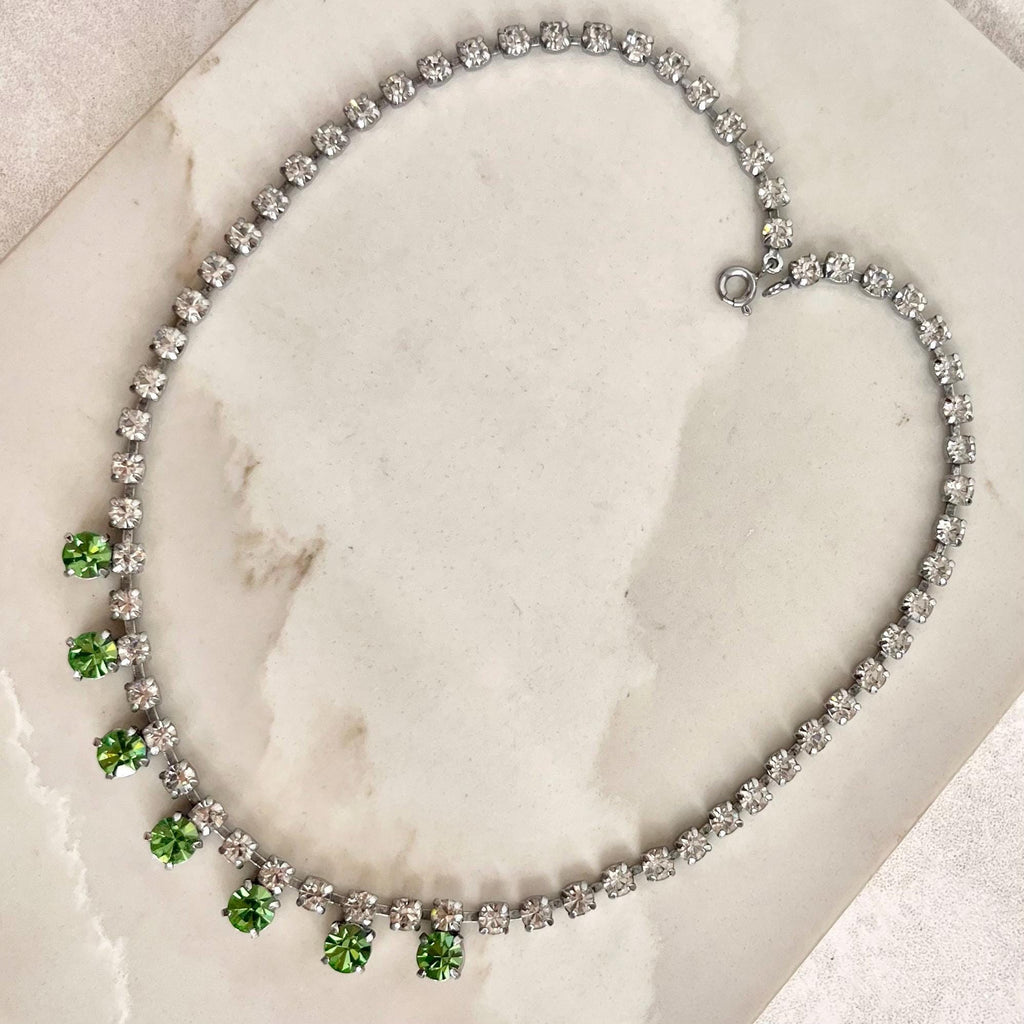 Vintage Clear & Green Uranium Glass Crystal Droplet Necklace Silver Tone Metal UV Reactive Glow MillyOliverVintage