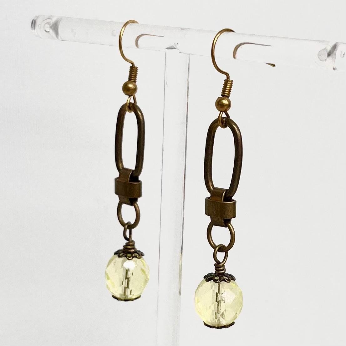 Yellow Uranium Czech Glass Bead Drop Earrings Antique Brass Toned Earrings UV Reactive MillyOliverVintage