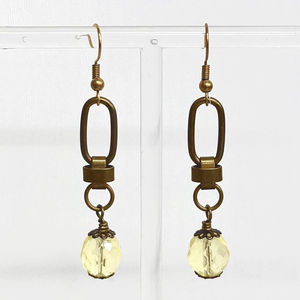 Yellow Uranium Czech Glass Bead Drop Earrings Antique Brass Toned Earrings UV Reactive MillyOliverVintage