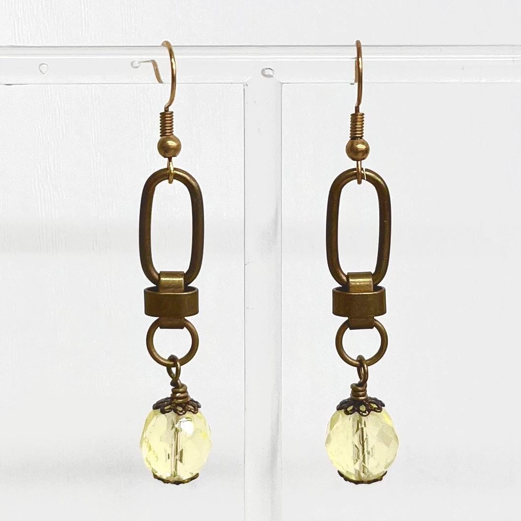 Yellow Uranium Czech Glass Bead Drop Earrings Antique Brass Toned Earrings UV Reactive MillyOliverVintage