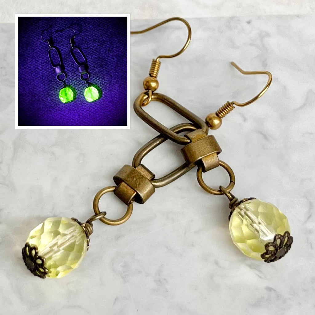 Yellow Uranium Czech Glass Bead Drop Earrings Antique Brass Toned Earrings UV Reactive MillyOliverVintage