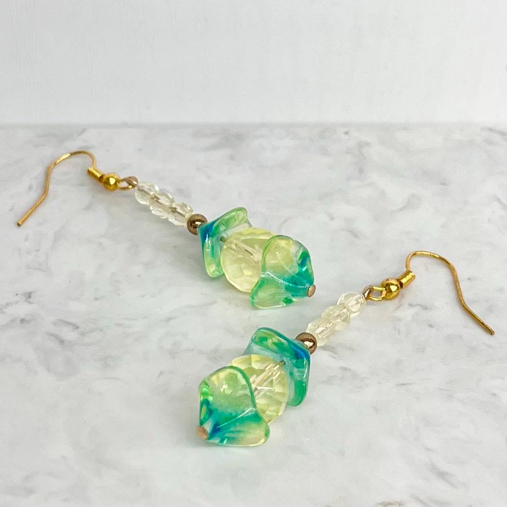 Yellow & Green Uranium Earrings Glass Bead Drops Gold Plate with a UV Reactive Glow MillyOliverVintage