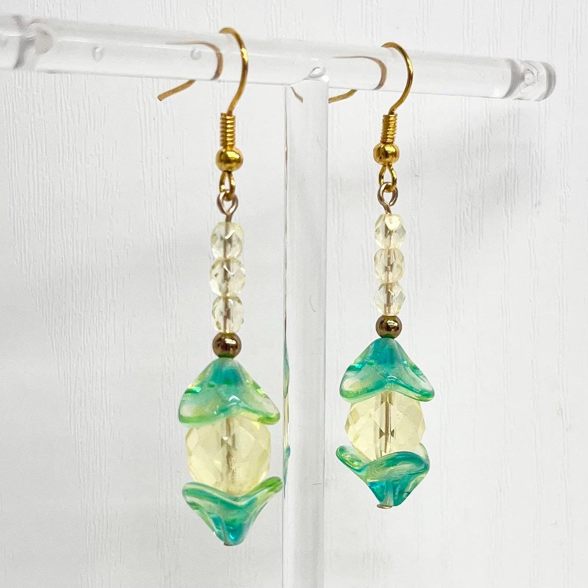 Yellow & Green Uranium Earrings Glass Bead Drops Gold Plate with a UV Reactive Glow MillyOliverVintage