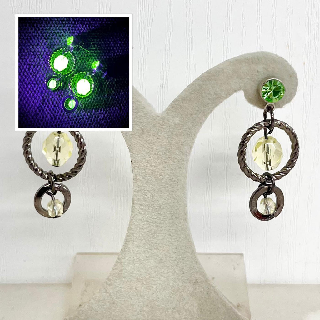 Yellow & Green Uranium Glass Earrings Double Ring Drops with a UV Reactive Glow MillyOliverVintage
