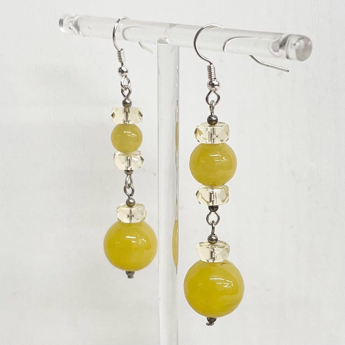 Yellow Uranium Vintage Bead Long Earrings Glass Bead Drops Silver Plate with a UV Reactive Glow MillyOliverVintage