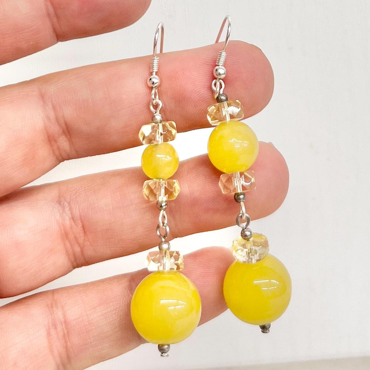 Yellow Uranium Vintage Bead Long Earrings Glass Bead Drops Silver Plate with a UV Reactive Glow MillyOliverVintage