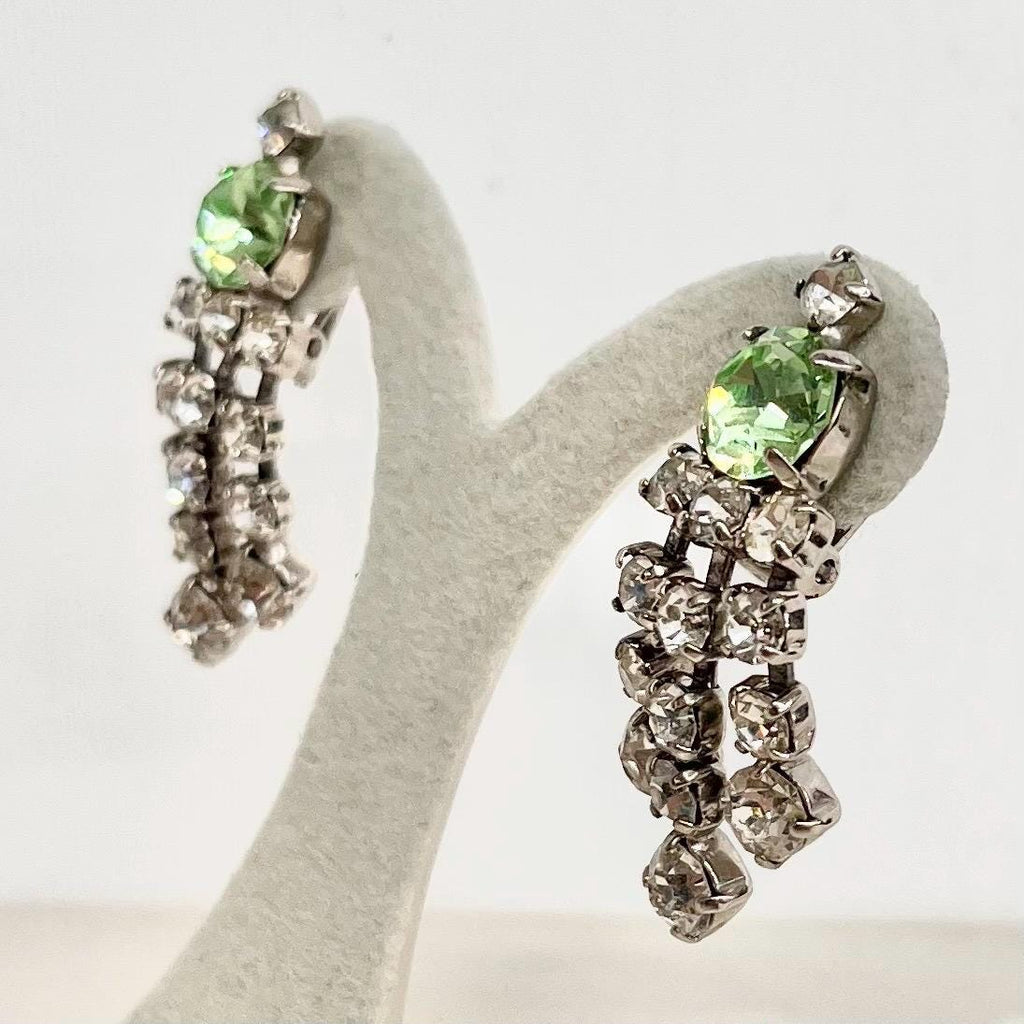 Vintage Uranium & Clear Crystal Paste Clip On Earrings Tassle Drop Silver Plate with a UV Reactive Glow MillyOliverVintage