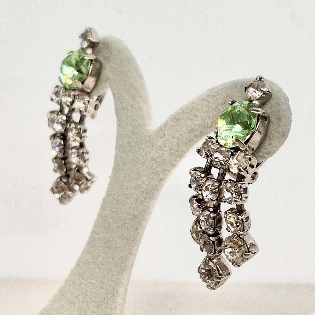 Vintage Uranium & Clear Crystal Paste Clip On Earrings Tassle Drop Silver Plate with a UV Reactive Glow MillyOliverVintage
