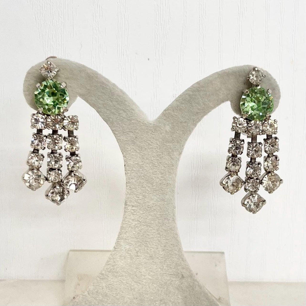 Vintage Uranium & Clear Crystal Paste Clip On Earrings Tassle Drop Silver Plate with a UV Reactive Glow MillyOliverVintage
