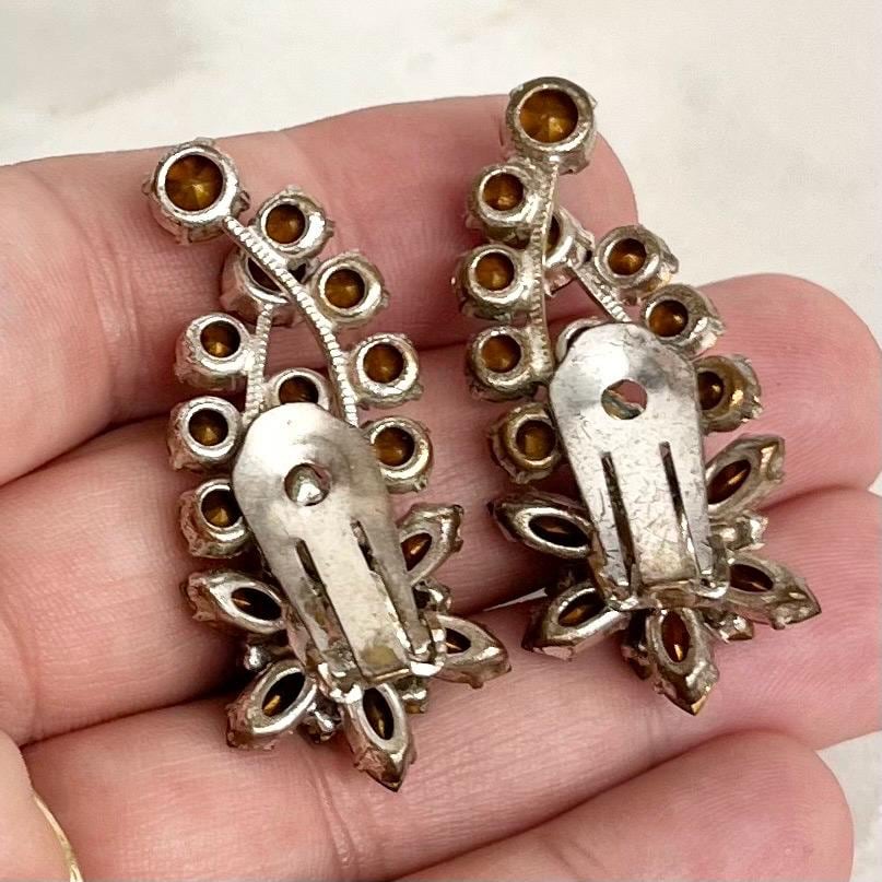 Vintage Uranium & Clear Crystal Paste Clip On Earrings Flower Drop Silver Plate with a UV Reactive Glow MillyOliverVintage