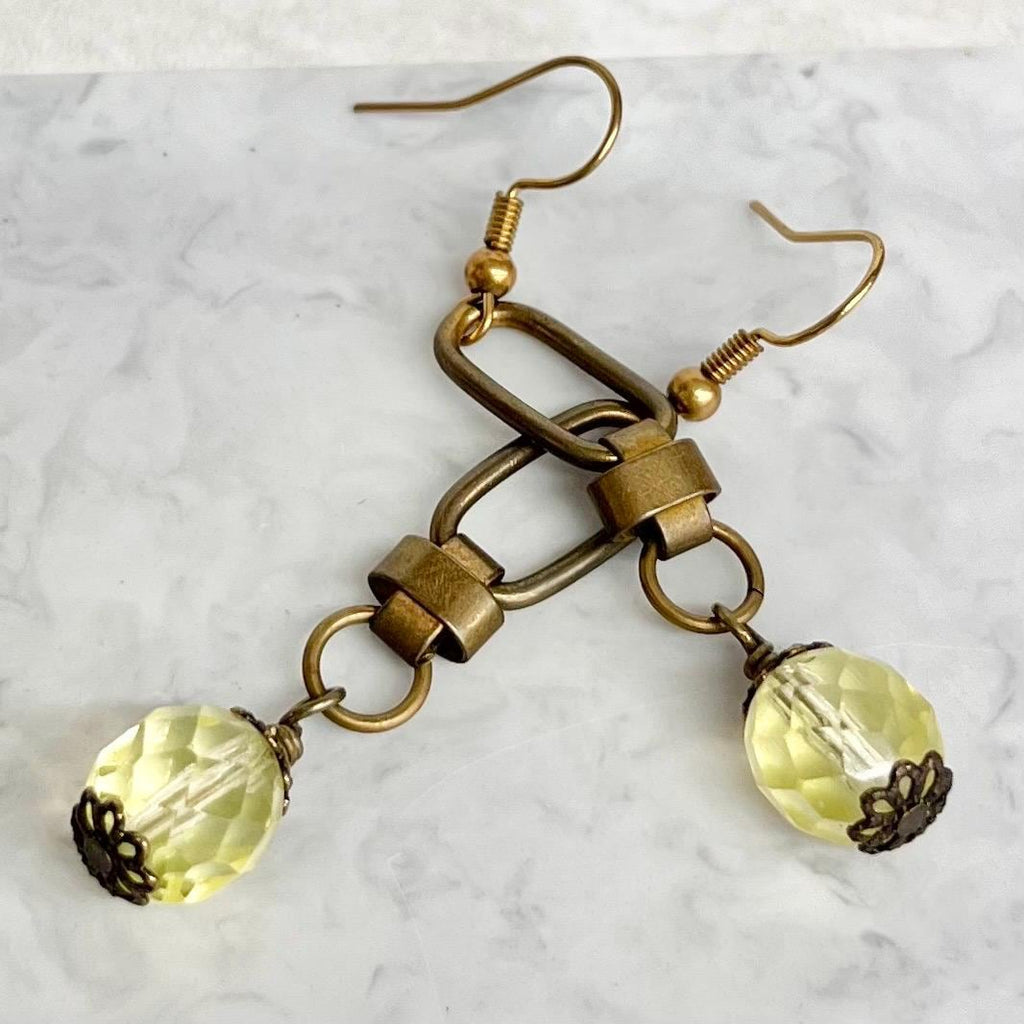 Yellow Uranium Czech Glass Bead Drop Earrings Antique Brass Toned Earrings UV Reactive MillyOliverVintage