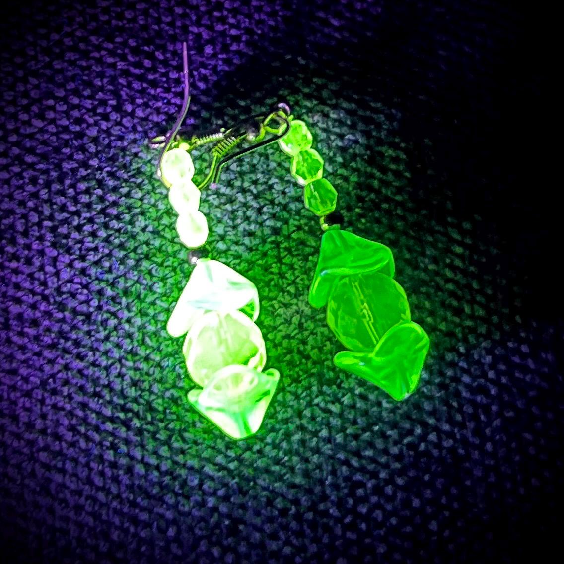 Yellow & Green Uranium Earrings Glass Bead Drops Gold Plate with a UV Reactive Glow MillyOliverVintage
