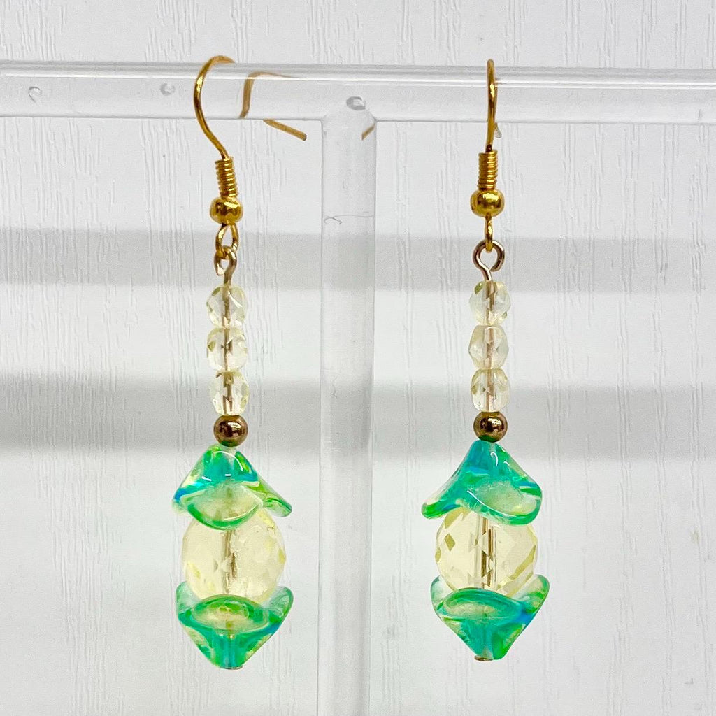 Yellow & Green Uranium Earrings Glass Bead Drops Gold Plate with a UV Reactive Glow MillyOliverVintage