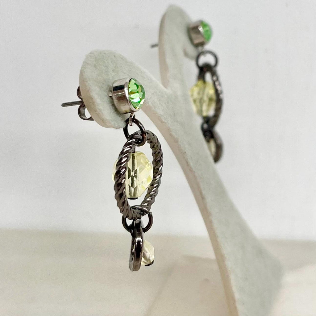 Yellow & Green Uranium Glass Earrings Double Ring Drops with a UV Reactive Glow MillyOliverVintage