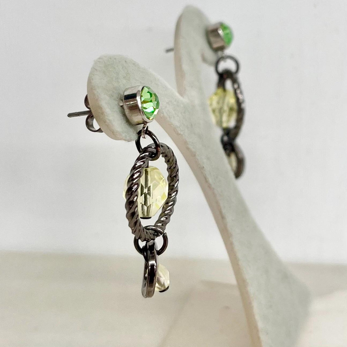 Yellow & Green Uranium Glass Earrings Double Ring Drops with a UV Reactive Glow MillyOliverVintage