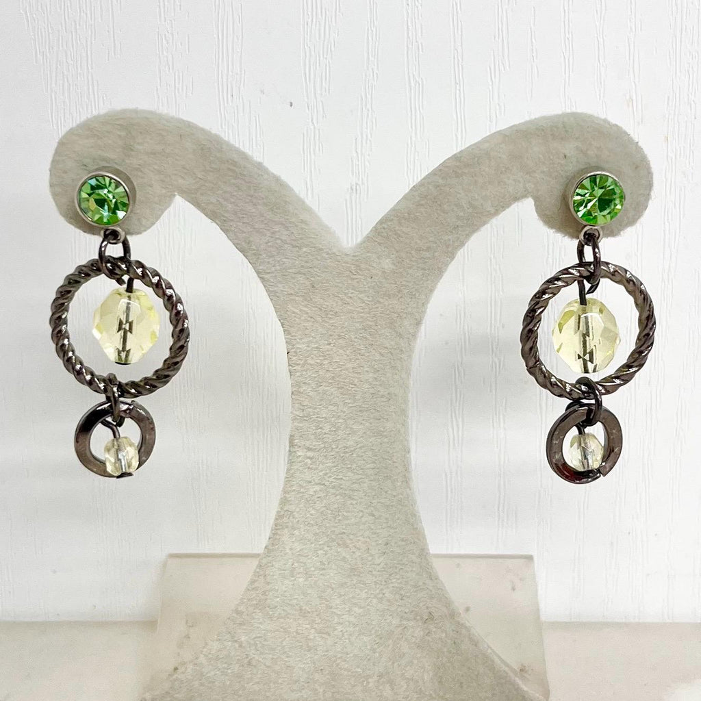 Yellow & Green Uranium Glass Earrings Double Ring Drops with a UV Reactive Glow MillyOliverVintage
