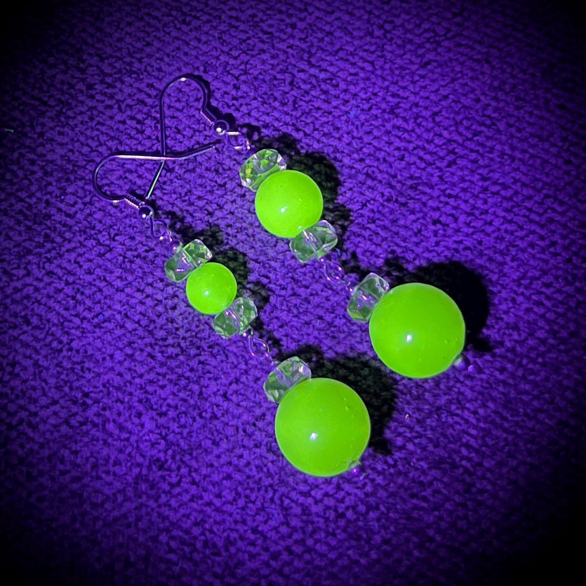 Yellow Uranium Vintage Bead Long Earrings Glass Bead Drops Silver Plate with a UV Reactive Glow MillyOliverVintage