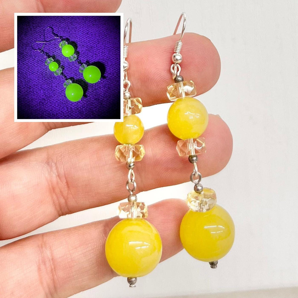 Yellow Uranium Vintage Bead Long Earrings Glass Bead Drops Silver Plate with a UV Reactive Glow MillyOliverVintage