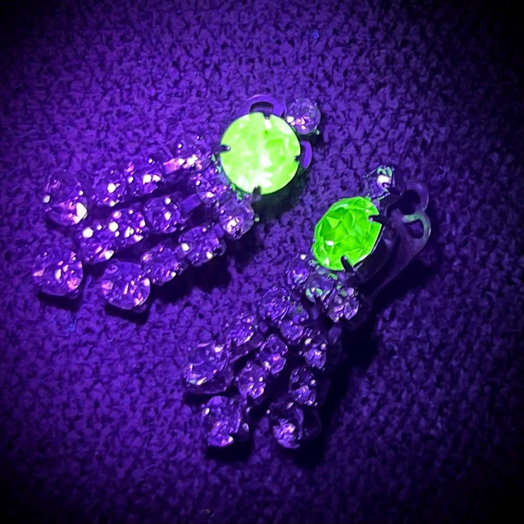 Vintage Uranium & Clear Crystal Paste Clip On Earrings Tassle Drop Silver Plate with a UV Reactive Glow MillyOliverVintage