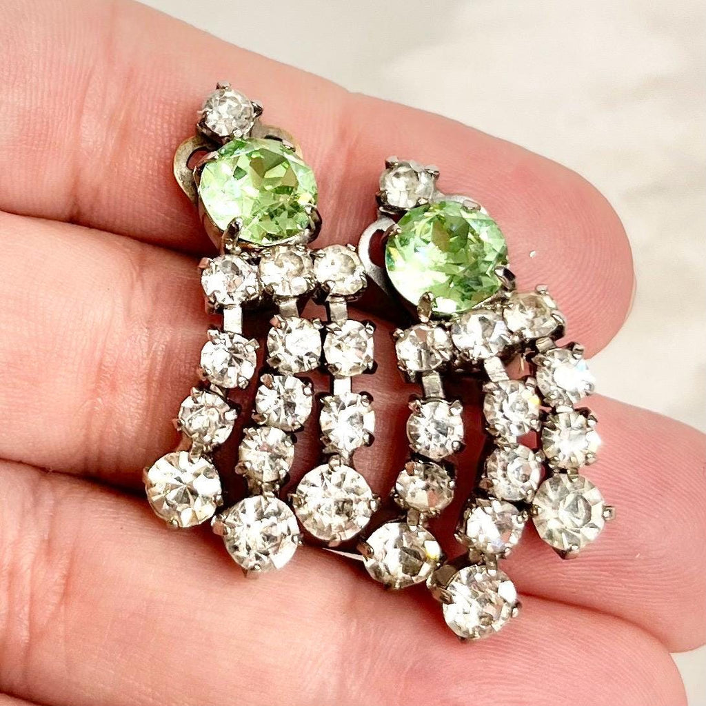Vintage Uranium & Clear Crystal Paste Clip On Earrings Tassle Drop Silver Plate with a UV Reactive Glow MillyOliverVintage