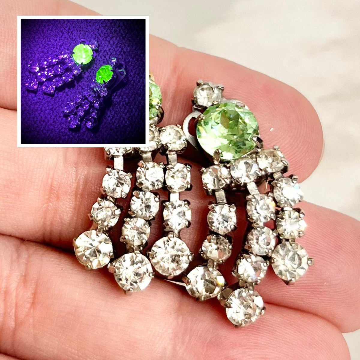 Vintage Uranium & Clear Crystal Paste Clip On Earrings Tassle Drop Silver Plate with a UV Reactive Glow MillyOliverVintage