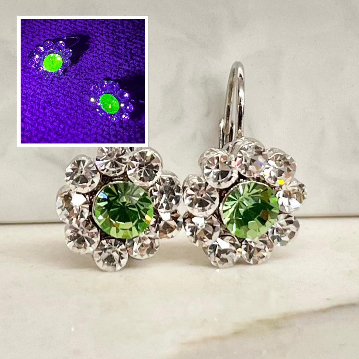 Vintage Uranium & Clear Crystal Paste Flower Earrings Silver Plate Hook with a UV Reactive Glow MillyOliverVintage
