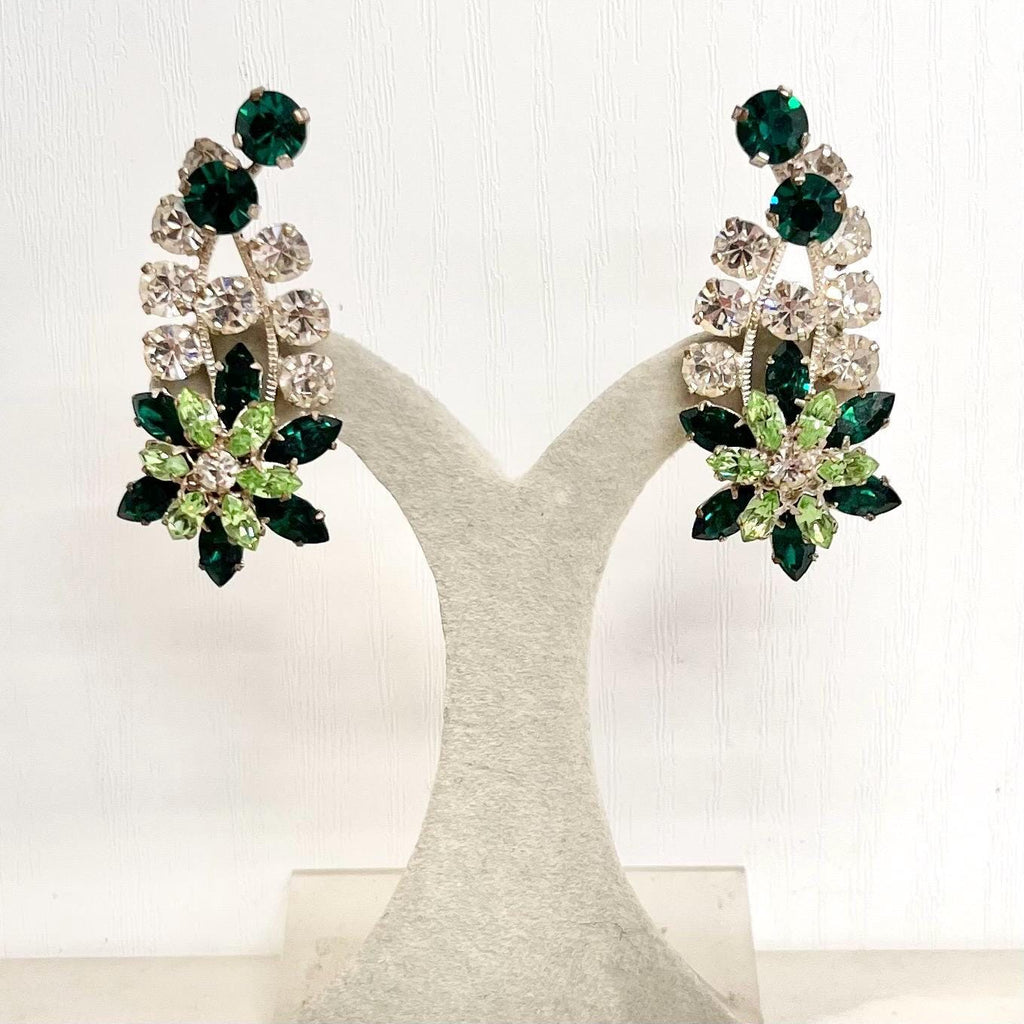 Vintage Uranium & Clear Crystal Paste Clip On Earrings Flower Drop Silver Plate with a UV Reactive Glow MillyOliverVintage