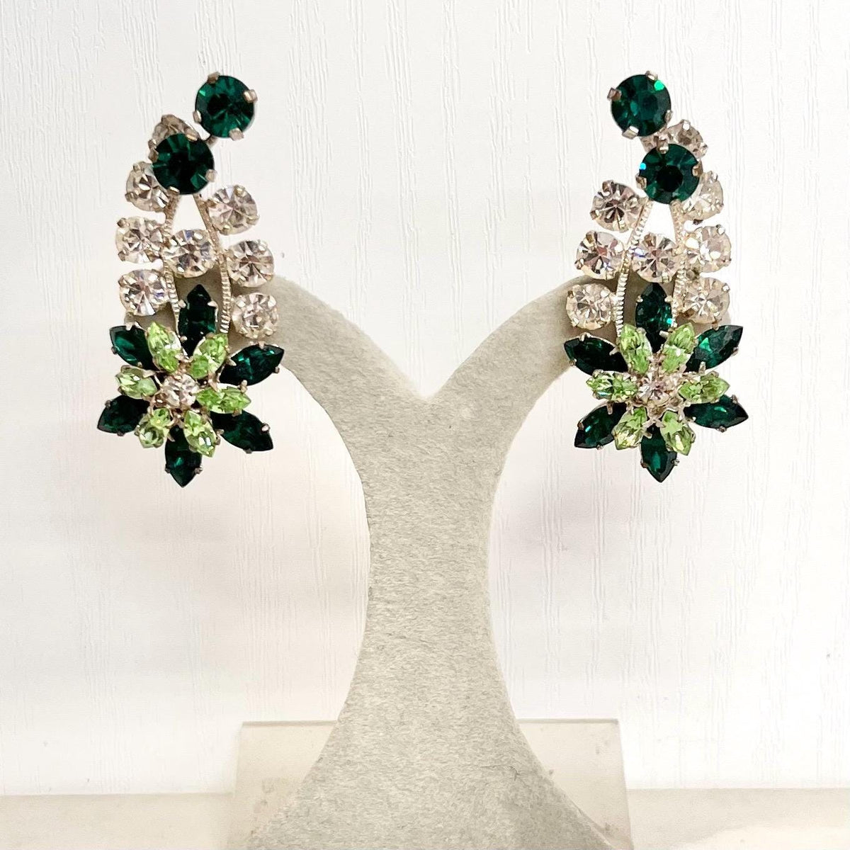 Vintage Uranium & Clear Crystal Paste Clip On Earrings Flower Drop Silver Plate with a UV Reactive Glow MillyOliverVintage