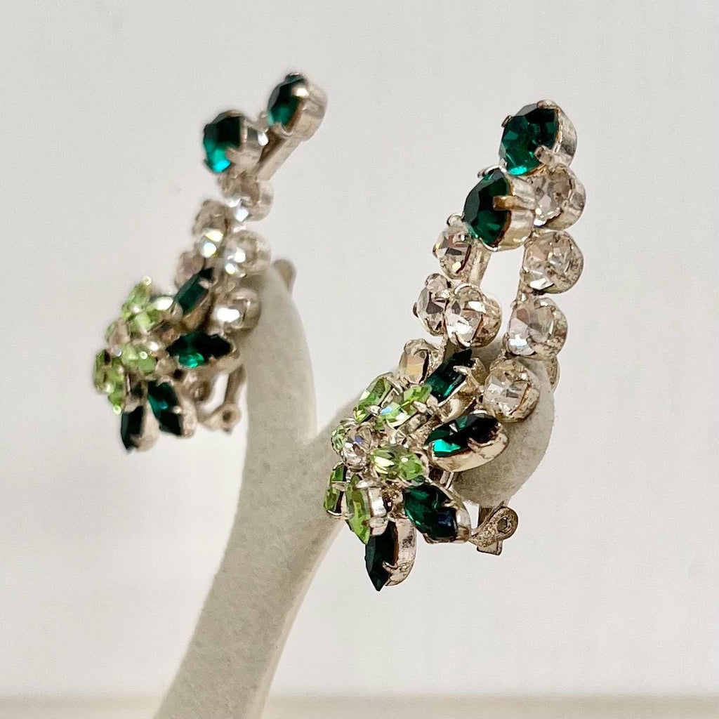 Vintage Uranium & Clear Crystal Paste Clip On Earrings Flower Drop Silver Plate with a UV Reactive Glow MillyOliverVintage